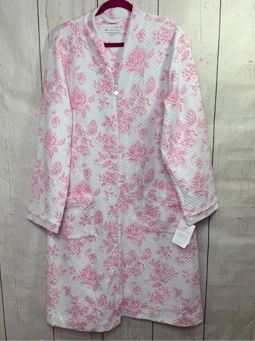 Eileen West Pink Floral Quilted Zip Front Robe Housecoat Cottagecore Cozy L/XL